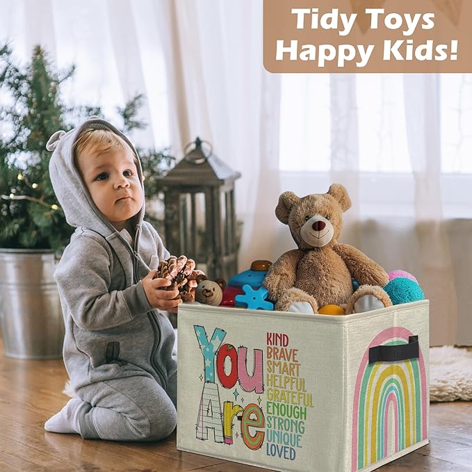Boho Rainbow Inspirational Storage Bins, Positive Affirmation Gifts for Kids Collapsible Storage Box Laundry Basket with Handle for Home Bedroom Bathroom Playroom Clothes Toys Books
