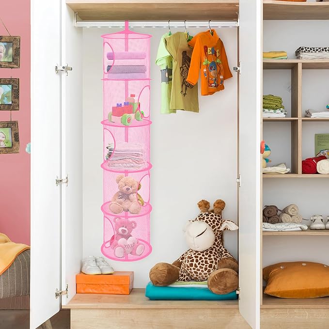 Libeder Mesh Hanging Storage Space Saver Bags Organizer,Foldable Storage Organizer 5 Compartments Toy Storage Basket for Kids Room Bathroom 2 Sets Pink
