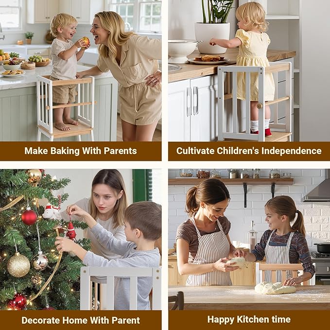 COSYLAND Kids Kitchen Step Stool, Toddler Standing Tower with CPC Certification, Removable Anti-Drop Railing Enjoys Unique Patented Design A Anti-tip Stable Structure 1.5-3 Years Natural & White