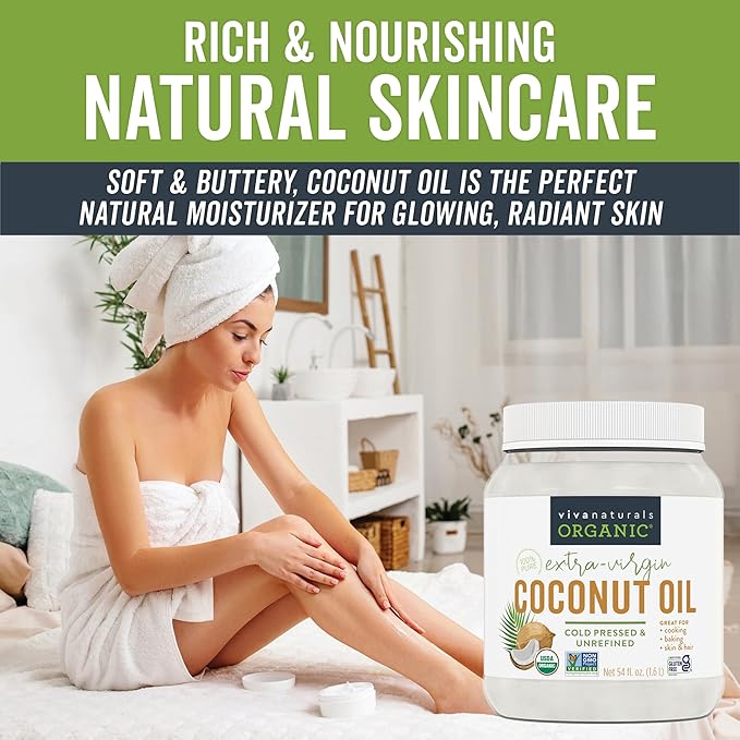 Viva Naturals Organic Coconut Oil, 54 fl oz – Unrefined, Cold-Pressed Extra Virgin Coconut Oil, USDA Organic & Non-GMO, Natural Cooking Oil, Hair Oil & Skin Oil