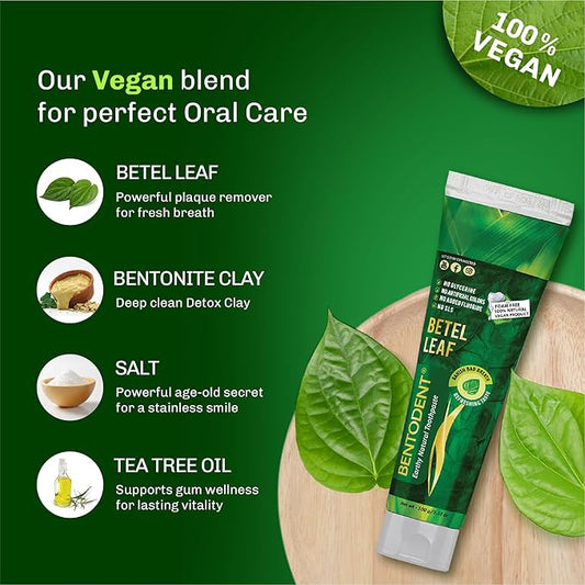 Bentodent Fluoride Free Remineralizing Calcium Bentonite Clay Natural Toothpaste-Certified Organic Ingredients-SLS Free,Vegan, Sensitive and Teeth Whitening - Adult & Kids (Betel Leaf)