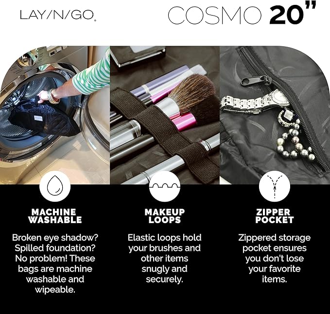 Lay-n-Go Cosmo Layflat Drawstring Cosmetic & Makeup Bag Organizer w/Zipper Pocket, Brush Loops & More, Cinch to Close, Lay Flat to Use, Durable, Machine Wash, Travel Toiletry Bag (20", Purple)