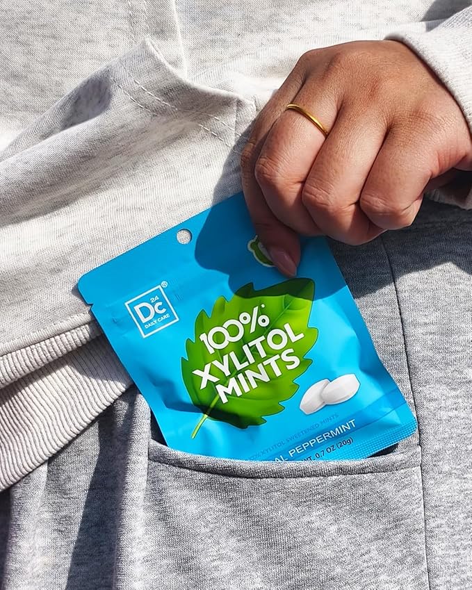 DC24 DAILY CARE 100% Xylitol Mints | Aspartame Free, Sugar Free, Vegan, Gluten Free & Keto Friendly | Natural Peppermint Flavored Mints, 25 Piece-Pack, 4 Packs