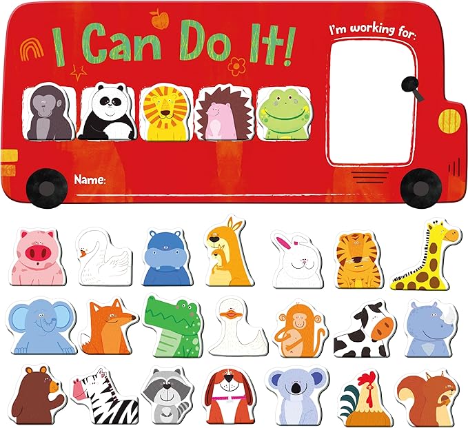 “I CAN DO IT” Token Board,Magnetic Reward Chart with 26 Animal Magnets, Red Bus Reward Chart for Kids, Incentive Positive Chart for Good Behavior and Responsibility, Great for Toddlers, Kids, Students
