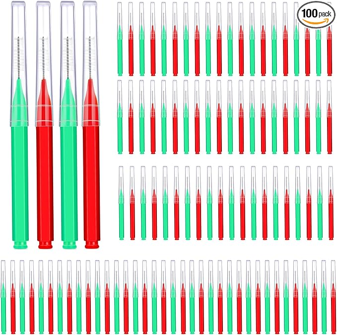 Patelai 100 Pieces Braces Brush for Cleaner Interdental Brush Toothpick Dental Tooth Flossing Head Oral Dental Hygiene Flosser Toothpick Cleaners Tooth Cleaning Tool(Green, Red,Proper Size)