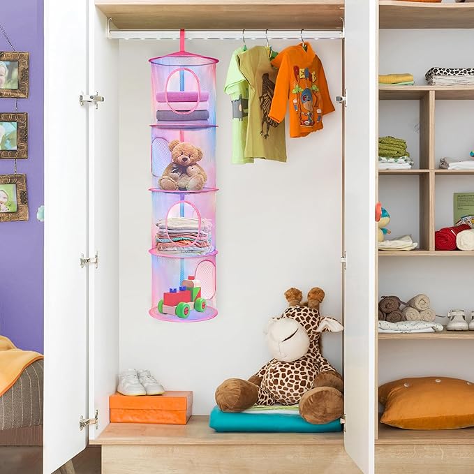 Libeder 2Pcs Mesh Hanging Storage Organizer, 4 Compartments, Foldable, Portable, Casual Style, Hanging Organizer for Kids Room, Pink (Rainbow Tie Dye)