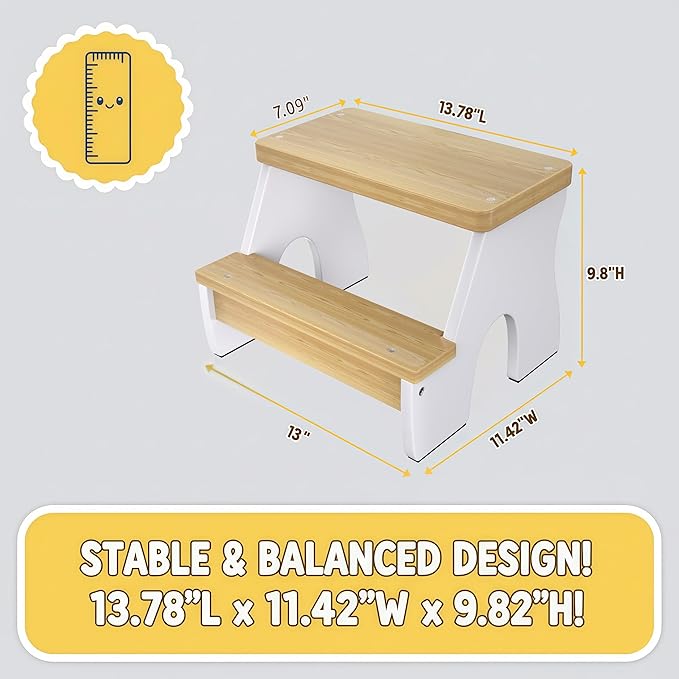 KST36 Wooden Step Stool - 250LBS Load, Non - Slip Water - Resistant Foot Stool for All Ages, Bathroom & Kitchen (White & Natural Wood, Two Step)
