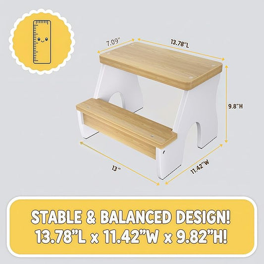 KST36 Wooden Step Stool - 250LBS Load, Non - Slip Water - Resistant Foot Stool for All Ages, Bathroom & Kitchen (White & Natural Wood, Two Step)