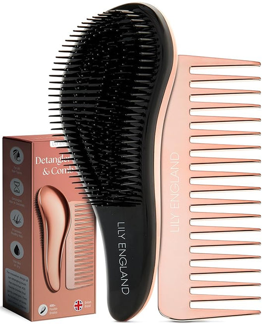 Lily England Detangling Comb & Hair Brush Set - Wide Tooth Comb for Curly, Straight, Thick, Fine & Wet Hair - Gentle & Pain-Free Detangler for Women & Kids - Lightweight Haircare Tools, Rose-Gold