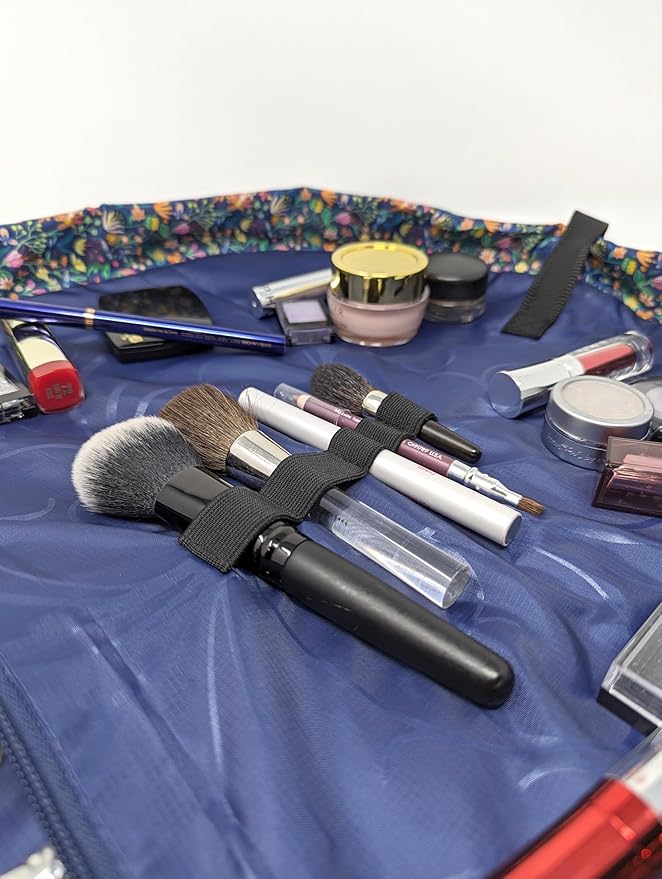 Lay-n-Go Cosmo Layflat Drawstring Cosmetic & Makeup Bag Organizer - Portable Drawstring Makeup Bag w/Zipper Pocket, Loops & More -Durable, Machine Washable Toiletry Bag (20", Butterfly Small Floral)