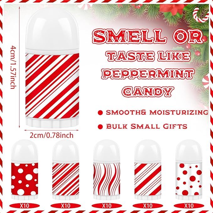 50 Pcs Christmas Lip Balm Bulk Mini Candy Cane Peppermint Flavor Lip Balms Bulk Christmas Stocking Stuffers Xmas Party Gifts Small Thank You Employee Appreciation Gifts for Women Men (Mixed Candy)