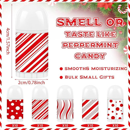50 Pcs Christmas Lip Balm Bulk Mini Candy Cane Peppermint Flavor Lip Balms Bulk Christmas Stocking Stuffers Xmas Party Gifts Small Thank You Employee Appreciation Gifts for Women Men (Mixed Candy)