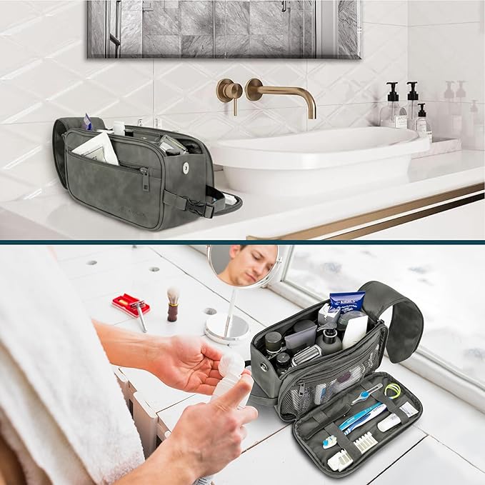 PAVILIA Toiletry Bag for Men, Travel Essentials Shaving Dopp Kit, Mens Travel Bag Toiletries Organizer Case for Grooming, PU Leather Water Resistant Cosmetic Bag Pouch (Dark Grey)