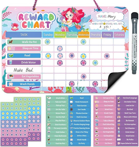 Magnetic Reward Chart for Kids, Mermaid Design Chores Chart for Kids Dry Erase Behavior Chart for Children at Home with 52 Chore Charts &120 Star Stickers Responsibility Chart for Kids Toddlers