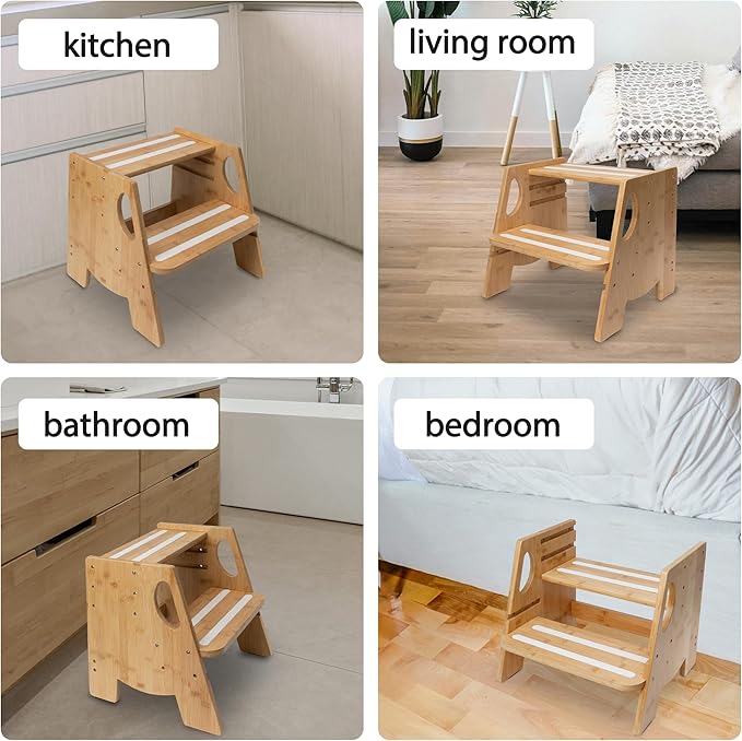 Wooden Toddler Step Stool for Bathroom Sink, Height-Adjustable, Luminous Anti-Slip Strips, Bamboo 2-Step Stool for Kids Adults, 300lbs, for Toilet Potty Training, Kitchen Counter, Bed