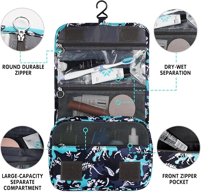 Kids Hanging Toiletry Bag for Boys, Travel Toiletry Bag for Little Young Boys Waterproof Wash Bag Toddler Traveling Toiletries, Dinosaur Black