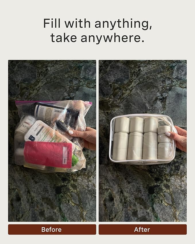 Cadence Travel Containers - Core Skincare Set - Magnetic Containers with Lids,2 Small (0.56oz) & 3 Medium (1.32oz) - Cleanser, Moisturizer, Serum, Makeup Remover & Sun Icon Labels - Sand