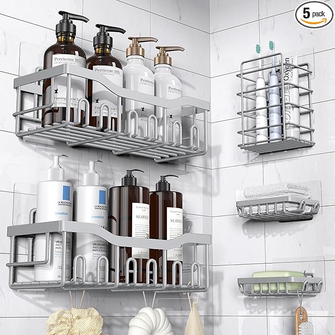 EUDELE 5-Pack Rustproof Stainless Steel Shower Caddy Set– No Drill Adhesive Bathroom Organizer, Space-Saving Shower Shelves for Apartment Essentials, Bathroom/Kitchen Storage Home Decor-L Size