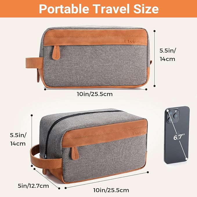 Elviros Travel Toiletry Bag for Men Hanging Dopp Kit Water Repellent PU Leather Shaving Bag with Large Capacity for Travel and Bathroom, Grey