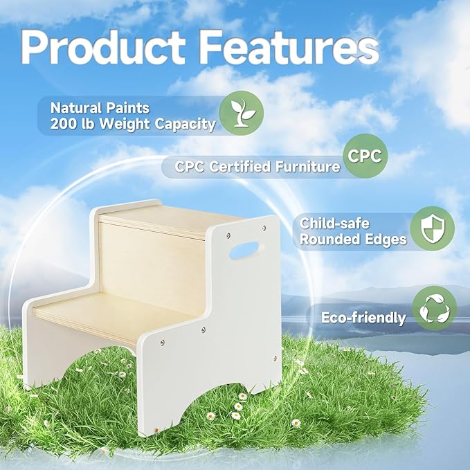 WOOD CITY Kids Step Stool for Toddler, Wooden White-Natural Patchwork Two Step Children's Stools with Handles, Bonus Non-Slip Pads for Safety, Bathroom Potty Stool & Kitchen Step Stools Dual Height