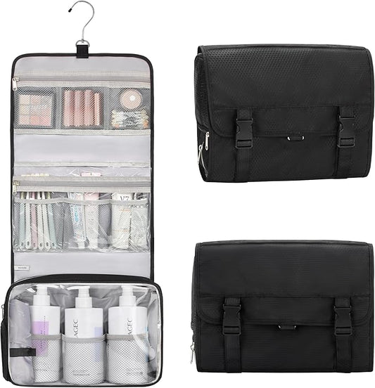 Relavel Hanging Toiletry Bag with Shoes Pocket, 360° Hook Travel Cosmetic Organizer, Waterproof, Multi-function for Makeup and Toiletries, Portable Storage Bag for Gym, Camping, Travel - Black