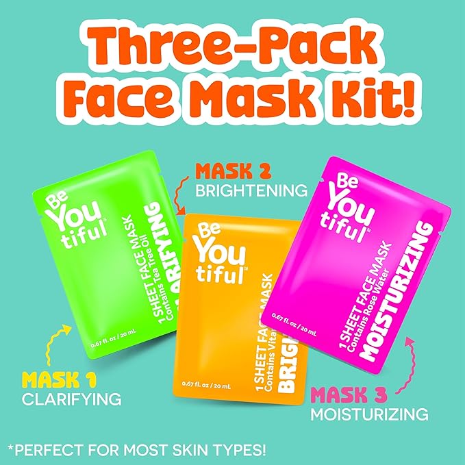 BeYoutiful Hydrating Face Mask Spa Set For Kids and Teens, Skin Care Facial Mask Set for All Skin Types and Ages, Boy and Girls, Box Includes 3 Masks