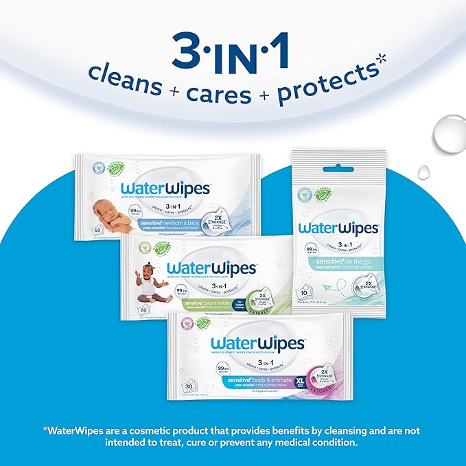 WaterWipes Sensitive+ Baby & Toddler Wipes, 3-In-1 Cleans, Cares, Protects, 99.9% Water, Textured Clean, Unscented & Hypoallergenic, 240 Count (4 Packs)