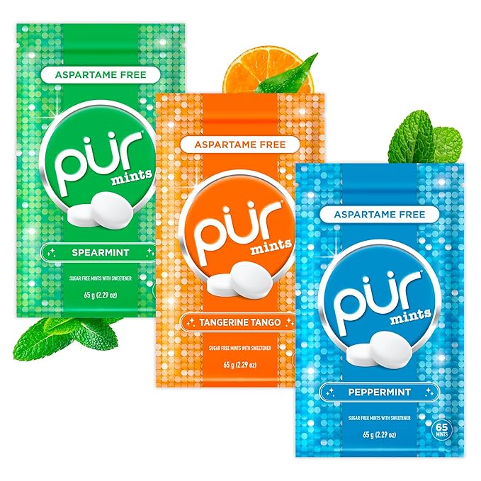 PUR Mints | Aspartame Free Breath Mints | Made with Xylitol | Sugar Free, Vegan, Gluten Free | Natural Flavor, Variety Pack | 65 Pieces in Re-Sealable pouch (Pack of 3)