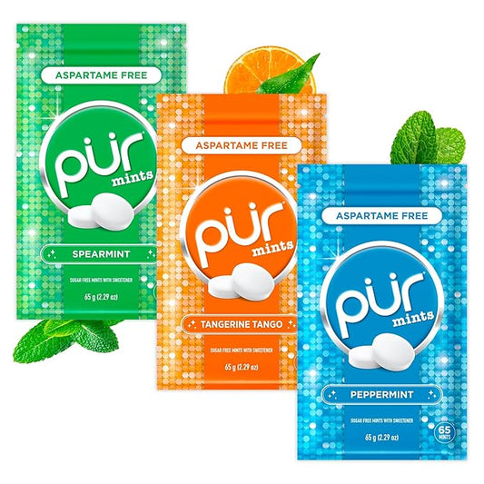 PUR Mints | Aspartame Free Breath Mints | Made with Xylitol | Sugar Free, Vegan, Gluten Free | Natural Flavor, Variety Pack | 65 Pieces in Re-Sealable pouch (Pack of 3)