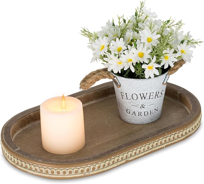 Hanobe Decorative Serving Tray Wood: Brown Bead Oval for Coffee Table Rustic Wooden Trays Decor Farmhouse Kitchen Counter Vintage Centerpiece Living Room Home Organizer, 15.15''x9.25''x1.18''