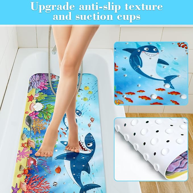 Bath Mat for Tub Non Slip, Machine Washable Anti-Slip Cartoon Baby Bathtub Shower Mat with Drain Holes and Suction Cups for Toddler & Kids, 40in x 16in, Sharks