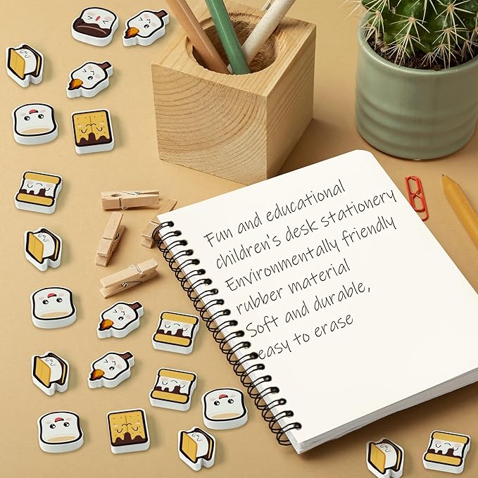 CJiangpo 60Pcs Marshmallow Mini Erasers for Kids Bulk Cute Cartoon Pencil Rubber Eraser Campfire Camping Themed Party Favors Filler Kids School Classroom Prizes Gifts