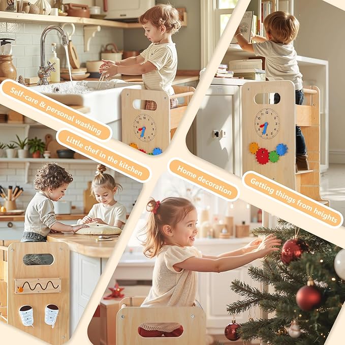 Toddler Tower 4-in-1 Multifunctional Kitchen Stool Helper with Removable Safety Board, Adjustable Heights, Slide, Highchair, Chalkboard, Montessori Games