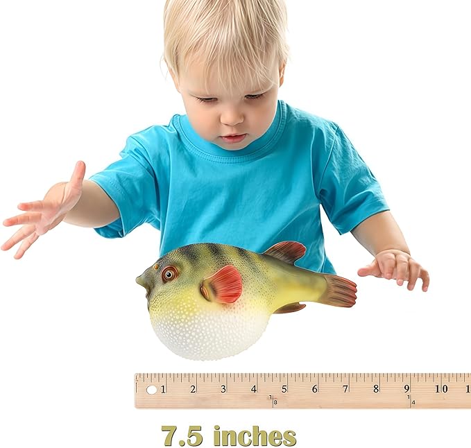 Gemini&Genius Sea Animal Pufferfish Action Figure Soft Rubber Swim Bath Toy, Realistic Ocean Fish Blowfish Toy, Educational and Role Play Toys for Kids and Collectors (Puffer Fish)