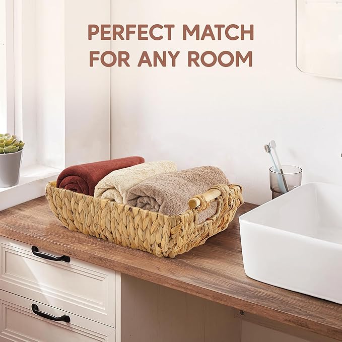 Greenatural Water Hyacinth Storage Baskets Set of 2, 15x10.75x5 in Handwoven Rectangular Organizers with Wooden Handles, Wicker Baskets for Shelf, Bathroom, Kitchen, Office, Natural Home Decor