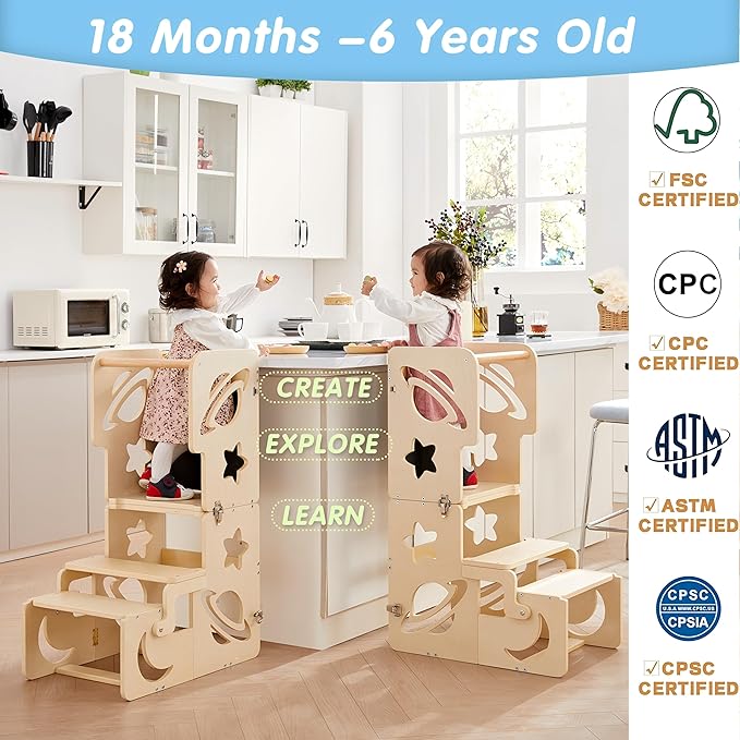 Toddler Tower, Toddler Stool for Kitchen, Kids Learning Wooden Tower, Foldable Weaning Table with Kids Step Stool, Montessori Standing Tower for Bathroom and Kitchen Counter