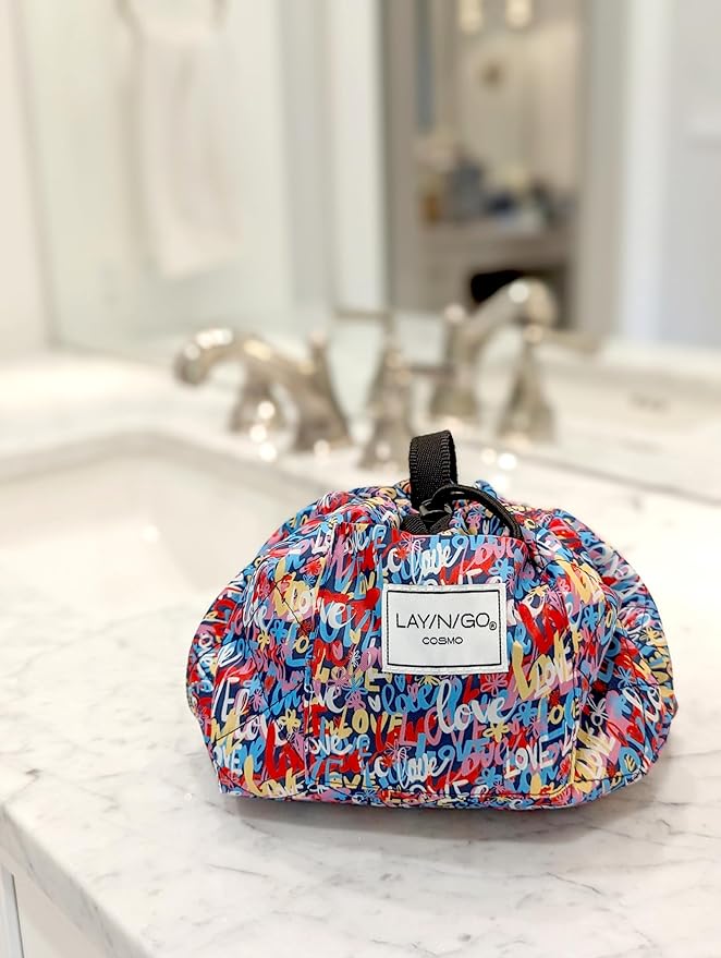 Lay-n-Go Cosmo Layflat Drawstring Cosmetic & Makeup Bag Organizer w/Zipper Pocket, Brush Loops & More, Cinch to Close, Lay Flat to Use, Durable, Machine Wash, Travel Toiletry Bag (20", Love)