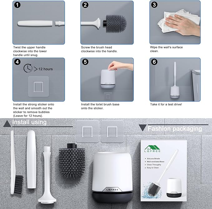 Lefree 2 Pack Silicone Toilet Brush,Rubber Toilet Bowl Brush and Holder Set with Ventilated Holder, Toilet Cleaner Brush for Bathroom,Floor Standing & Wall Mounted Toilet Scrubber Without Drilling