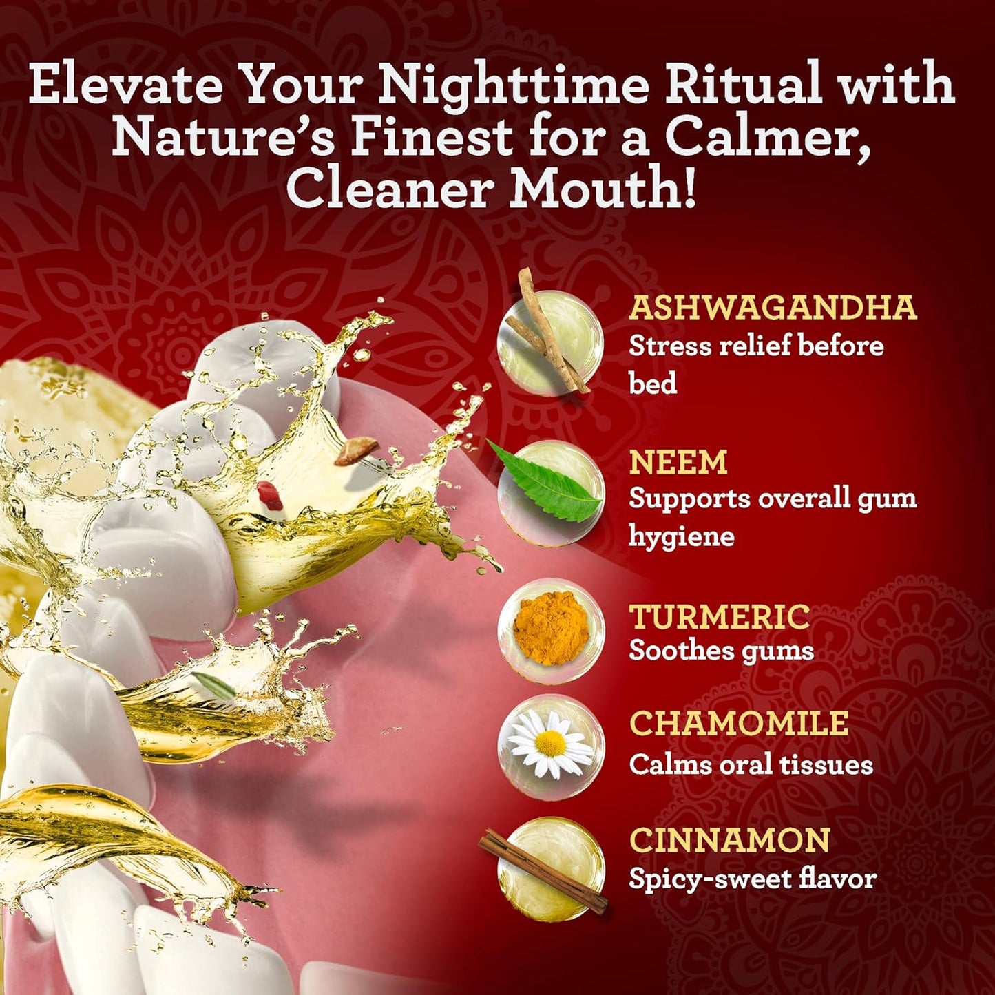 GuruNanda Cinnamon Oil Pulling Mouthwash, Promotes Calmness, with Neem & Ashwagandha for Fresh Breath & Happy Gums, Alcohol-Free, with Toothbrush & Tongue Scraper, 3X8 Oz