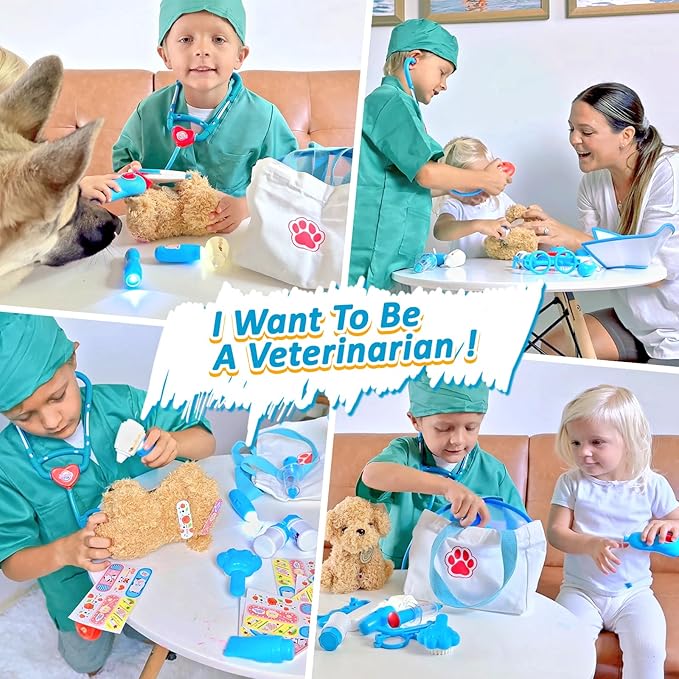 Liberry Doctor Kit for Toddlers 3 4 5 6 Years Old, 28 Pcs Kids Doctor Playset with Dog Toy, Stethoscope and Dress Up Costume, Pretend Play Medical Gift for Boys Girls (Blue)