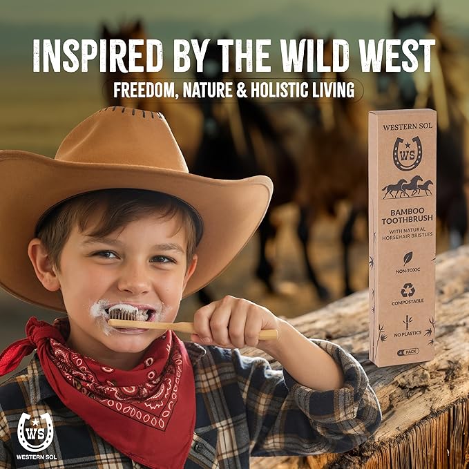 Western SOL Horse Bristle Bamboo Toothbrushes (4-Pack) – Plastic-Free, Biodegradable, Eco-Friendly Toothbrush Set – No Chemicals