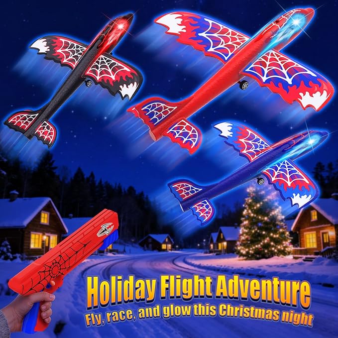 3 Pack Airplane Launcher Toy with Glowing Eyes & Web-Pattern Wings,2 Flight Modes Outdoor Games for Kids,Boys Toys Age 3-12,Birthday Gifts for 3 4 5 6 7 8 9 10 11 12 Year Old,Kids Gift(Red&Blue&Black)