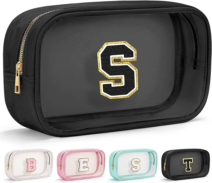 YOOLIFE Travel Clear Makeup Bag Toiletry Bag, Make up Bag Waterproof Toiletry Bags for Women Cosmetic Bag Birthday Gifts for Women Personalized Mother Girlfriend Wife Bridesmaid Gifts Black Letter S