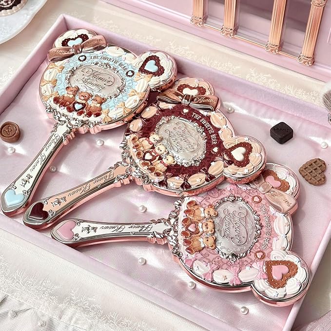 Flower Knows The Sweetie Bear Hand Mirror,Vintage Portable Handheld Mirror,Fancy & Pretty Princess Mirror with Long Handle,Gift for Girls(Creamy Pink)