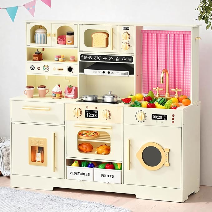 Play Kitchen for Toddlers with Felt Storage Boxes & Range Hook, Wooden Kids Kitchen Playset with Oven, Microwave, Ice Maker, Toy Kitchen Set with Coffee Maker for Girls & Boys Age 3+, Pink Curtains