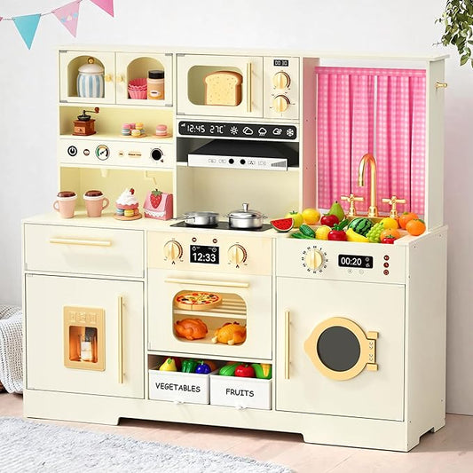 Play Kitchen for Toddlers with Felt Storage Boxes & Range Hook, Wooden Kids Kitchen Playset with Oven, Microwave, Ice Maker, Toy Kitchen Set with Coffee Maker for Girls & Boys Age 3+, Pink Curtains