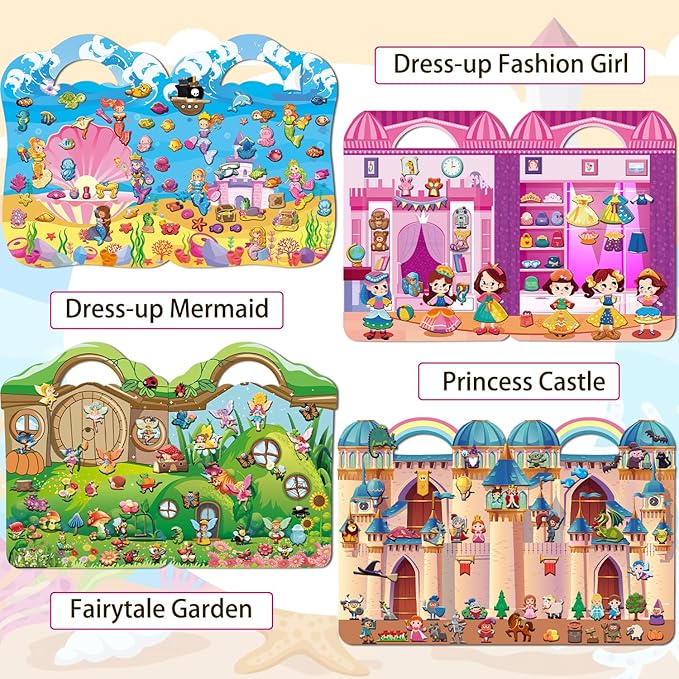 Dress Up Sticker Books for Girls Ages 2-4 4-8, Reusable Puffy 3D Sticker Books for Toddlers 2-4 Years, Include Princess Mermaid Fairy and Fashion Girl,Activity Book for Toddlers 1-3