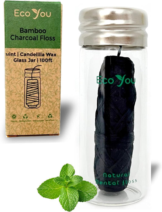 Charcoal Bamboo Floss | 1 Non Toxic Natural Floss Refill with Glass Container | Organic Mint & Candelilla Wax | Vegan & Biodegradable | Compatible with Similar Size Dental Silk Containers
