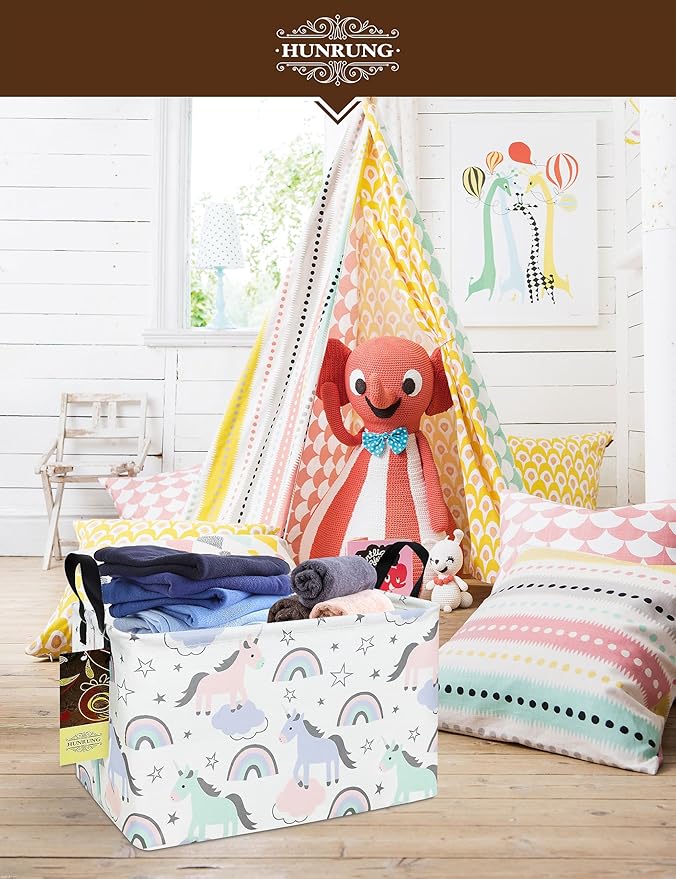 HUNRUNG Rectangle Storage Basket Cute Canvas Organizer Bin for Pet/Children Toys, Books, Clothes Perfect for Rooms/Playroom(REC-Star Unicorn)