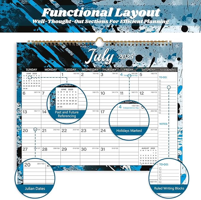 2025-2026 Wall Calendar, Calendar 2025-2026, 18 Month Calendar July 2025 - December 2026, 14.8" X 11.5", Calendar with Twin-Wire Binding, Hanging Hook and Julian Dates (Colorful Ink)